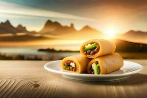 chinois nourriture sur une assiette avec montagnes dans le Contexte. généré par ai photo