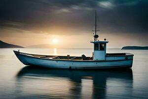 une bateau est séance sur le l'eau à le coucher du soleil. généré par ai photo