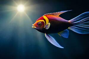 une poisson avec brillant couleurs dans le sombre. généré par ai photo