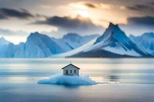 une petit maison flottant dans le milieu de une lac. généré par ai photo