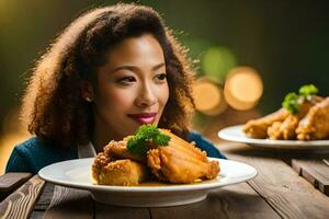 une femme est séance à une table avec deux assiettes de aliments. généré par ai photo