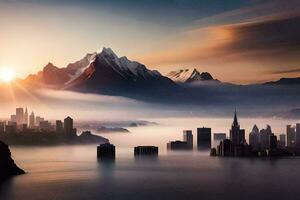 une ville dans le montagnes avec brouillard et montagnes. généré par ai photo