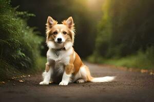 une chien séance sur le route dans le les bois. généré par ai photo