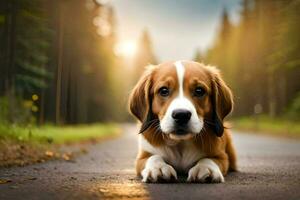 une chiot pose sur le route dans le forêt. généré par ai photo