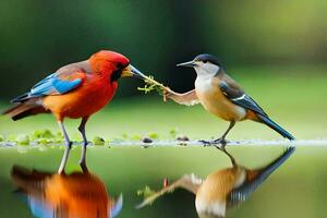 deux des oiseaux sont permanent suivant à chaque autre. généré par ai photo