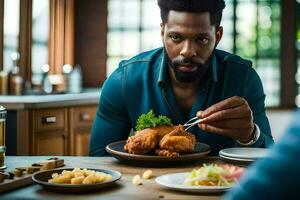 une homme est en mangeant frit poulet avec une fourchette et couteau. généré par ai photo