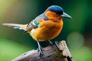 une coloré oiseau est séance sur une en bois poste. généré par ai photo