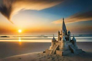 le sable Château sur le plage à le coucher du soleil. généré par ai photo