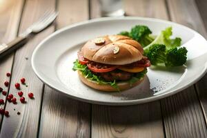 une Hamburger sur une assiette avec brocoli et une couteau. généré par ai photo