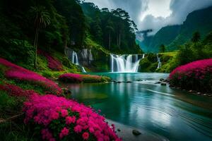 magnifique cascade dans le jungle avec rose fleurs. généré par ai photo