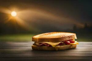 une sandwich avec jambon et fromage sur une en bois tableau. généré par ai photo