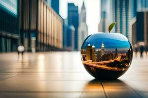 un Pomme avec une paysage urbain réfléchi dans il. généré par ai photo