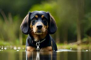 une chien est séance dans le l'eau à la recherche à le caméra. généré par ai photo