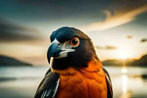 une proche en haut de une oiseau avec Orange et noir plumes. généré par ai photo