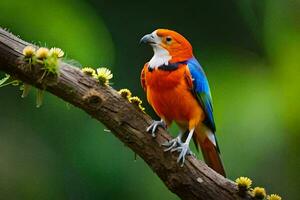 une coloré oiseau est assis sur une branche dans le forêt. généré par ai photo