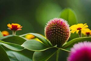 une proche en haut de une fleur avec vert feuilles. généré par ai photo