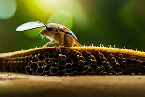 une petit insecte séance sur Haut de une rayon de miel. généré par ai photo