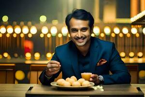 une homme dans une costume est souriant tandis que en portant une assiette de aliments. généré par ai photo