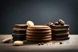 Chocolat biscuits et autre biscuits sur une en bois tableau. généré par ai photo