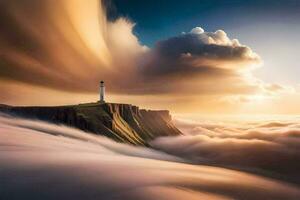 une phare est entouré par des nuages et brouillard. généré par ai photo