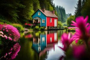 une coloré maison est assis sur le bord de une lac. généré par ai photo