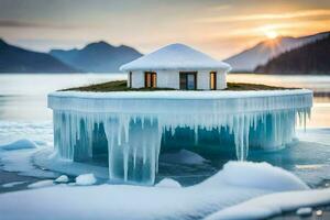 une maison fabriqué de la glace flotteurs sur le l'eau. généré par ai photo