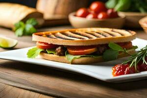 une grillé sandwich avec tomates et herbes sur une plaque. généré par ai photo