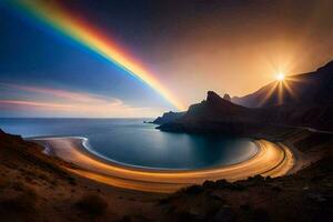 une arc en ciel est vu plus de une corps de l'eau et montagnes. généré par ai photo