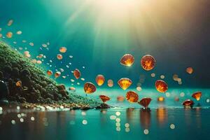 une groupe de Orange bulles flottant dans le l'eau. généré par ai photo