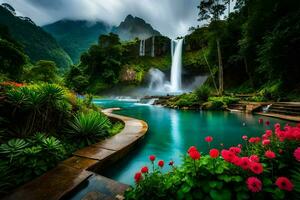 magnifique cascade dans le jungle avec fleurs et des arbres. généré par ai photo