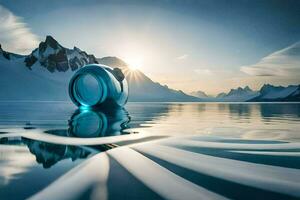 une bouteille flottant dans le l'eau avec montagnes dans le Contexte. généré par ai photo