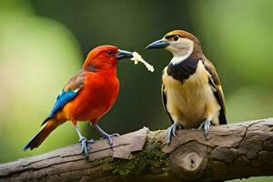 deux coloré des oiseaux séance sur une branche. généré par ai photo