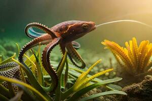 un poulpe est nager dans le océan. généré par ai photo