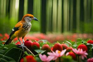 une oiseau est séance sur une branche dans de face de fleurs. généré par ai photo