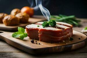 steak avec fumée sur une en bois Coupe planche. généré par ai photo