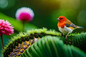 une rouge oiseau séance sur Haut de une vert plante. généré par ai photo