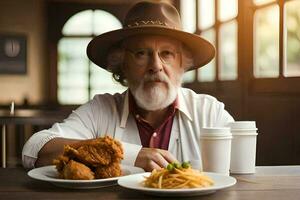 un vieux homme dans une chapeau séance à une table avec une assiette de aliments. généré par ai photo