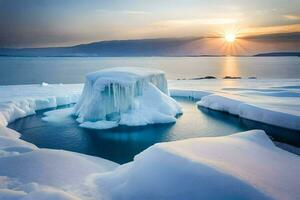 le Soleil ensembles plus de un iceberg dans le Arctique océan. généré par ai photo
