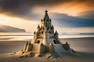 une le sable Château sur le plage à le coucher du soleil. généré par ai photo