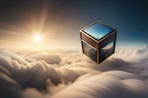 une cube flottant dans le ciel au dessus des nuages. généré par ai photo