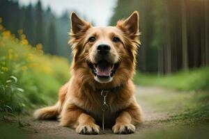 une chien séance sur le sol dans une forêt. généré par ai photo