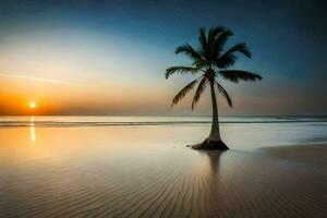 une seul paume arbre des stands sur le plage à le coucher du soleil. généré par ai photo