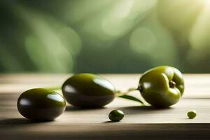 Trois vert Olives sur une en bois tableau. généré par ai photo