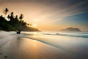 le Soleil monte plus de le océan et le plage dans cette magnifique photo. généré par ai photo