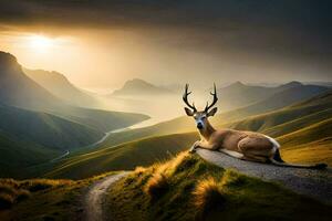 une cerf est assis sur une colline surplombant une vallée. généré par ai photo