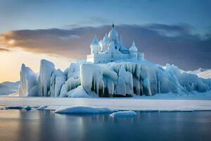 une Château fabriqué de la glace dans le milieu de le océan. généré par ai photo