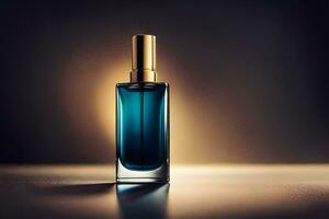 bleu parfum bouteille sur une foncé Contexte. généré par ai photo