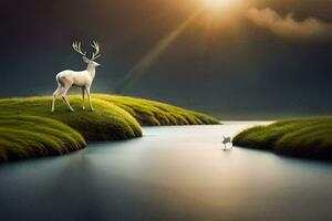 une cerf des stands sur une herbeux colline surplombant une rivière. généré par ai photo