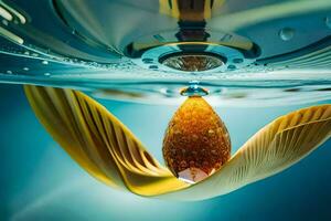 une laissez tomber de l'eau dans le l'eau avec une Jaune fleur. généré par ai photo