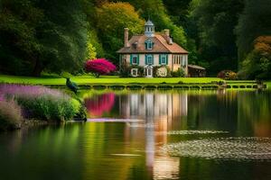 une maison est assis sur le bord de une Lac entouré par des arbres. généré par ai photo